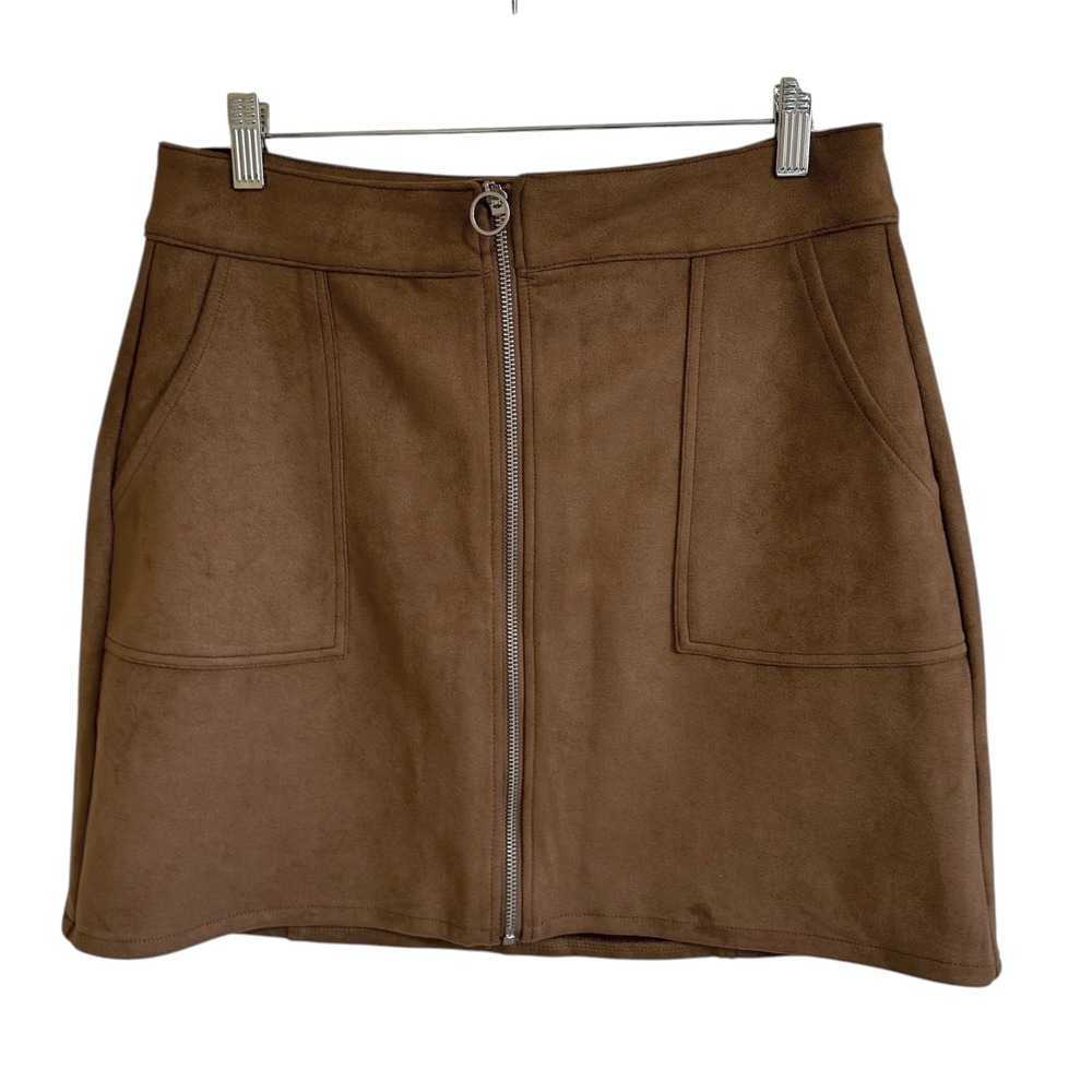 maurices Brown Faux Suede Mini Skirt Full‎ Zip Front Pockets Size 10